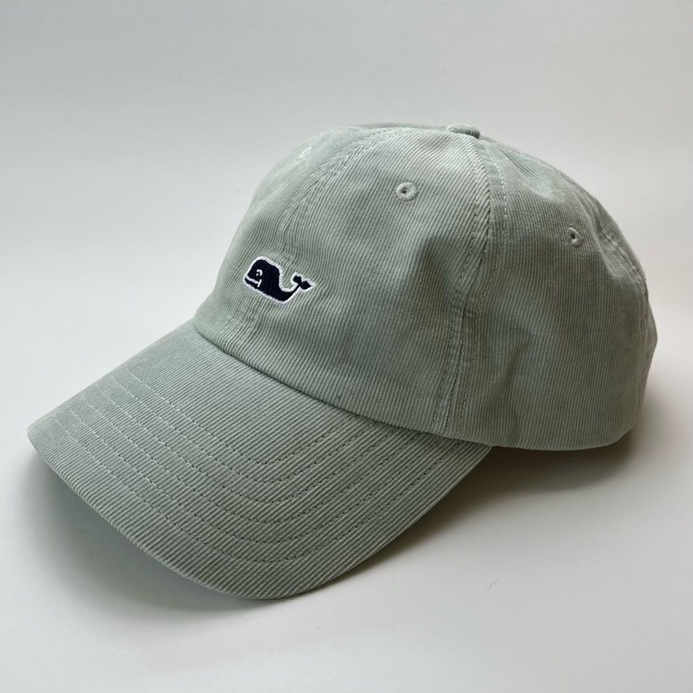 Vineyard Vines Corduroy Classic Baseball Cap Whale Hat Green Gray Leather Strap